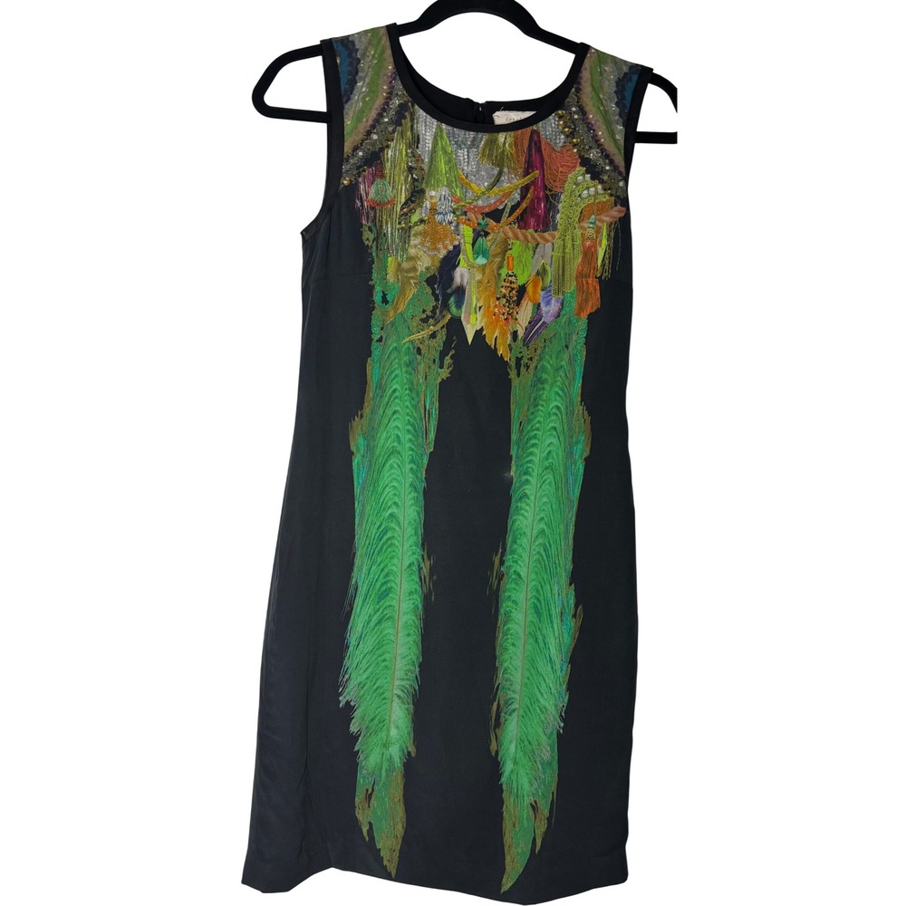Nicole Miller Artelier Dress Womens Black Silk Leather Peacock Print Very Good 4